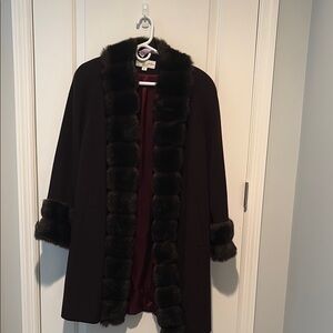 Albert Nipon Brown Wool Coat with Fur Trim